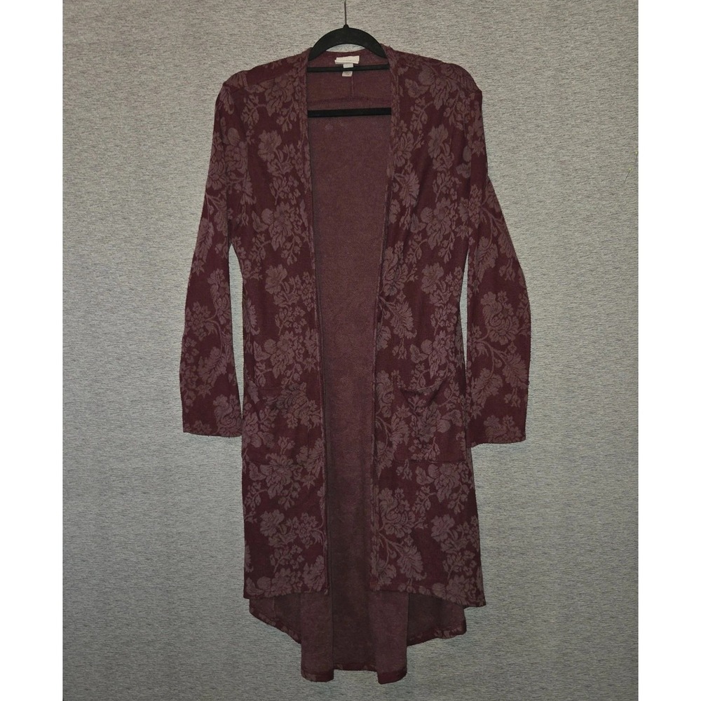 Knox Rose Open Front Cardigan Long Sweater Wine/ Burgundy Floral Pockets Large